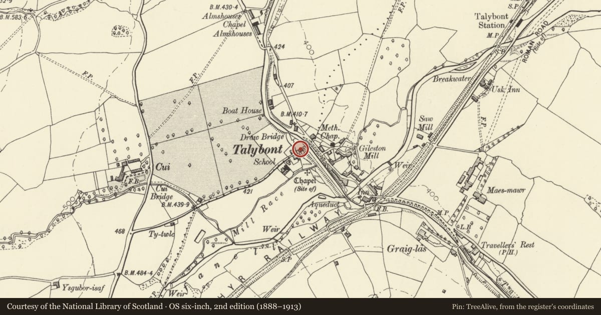 Ordnance Survey six-inch map, 2nd edition (1888–1913) covering the location of Bank House, Talybont-on-Usk, Powys, with a pin at the register's coordinates