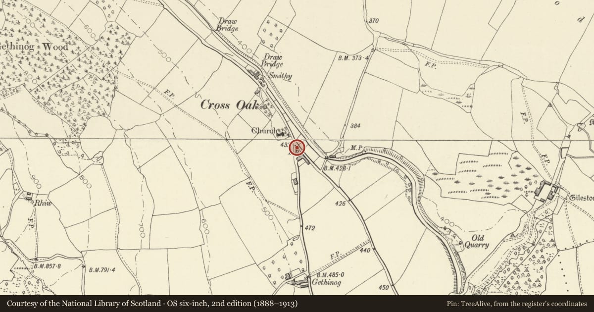 Ordnance Survey six-inch map, 2nd edition (1888–1913) covering the location of War memorial at Lower Cross Oak, Talybont-on-Usk, Powys, with a pin at the register's coordinates