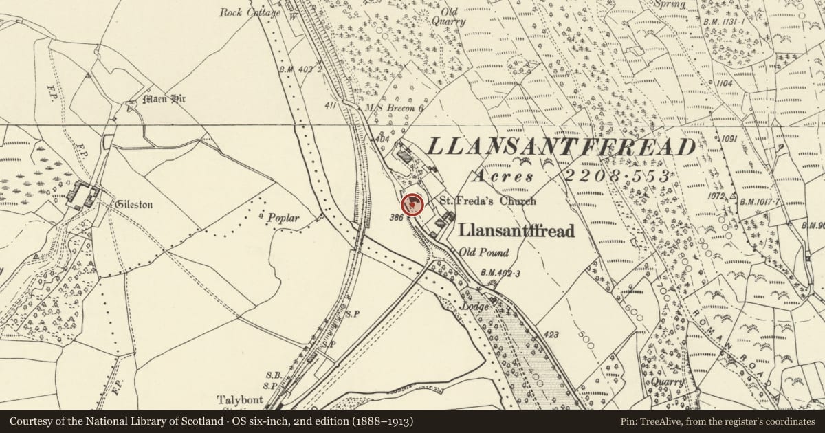 Ordnance Survey six-inch map, 2nd edition (1888–1913) covering the location of Gwynne Holford Monument in the churchyard to SW of Church of St Ffraed, Talybont-on-Usk, Powys, with a pin at the register's coordinates