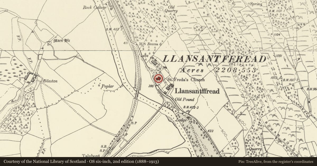 Ordnance Survey six-inch map, 2nd edition (1888–1913) covering the location of Church of St Ffraed, Talybont-on-Usk, Powys, with a pin at the register's coordinates