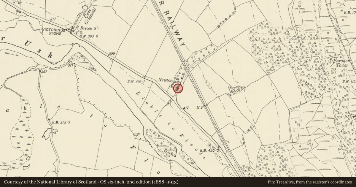 Ordnance Survey six-inch map, 2nd edition (1888–1913) covering the location of Barn and stable range at Newton, Talybont-on-Usk, Powys, with a pin at the register's coordinates