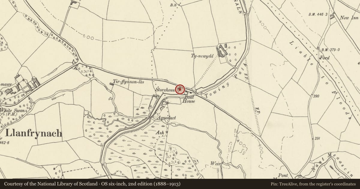 Ordnance Survey six-inch map, 2nd edition (1888–1913) covering the location of Former boathouse to W of Storehouse Bridge, Talybont-on-Usk, Powys, with a pin at the register's coordinates