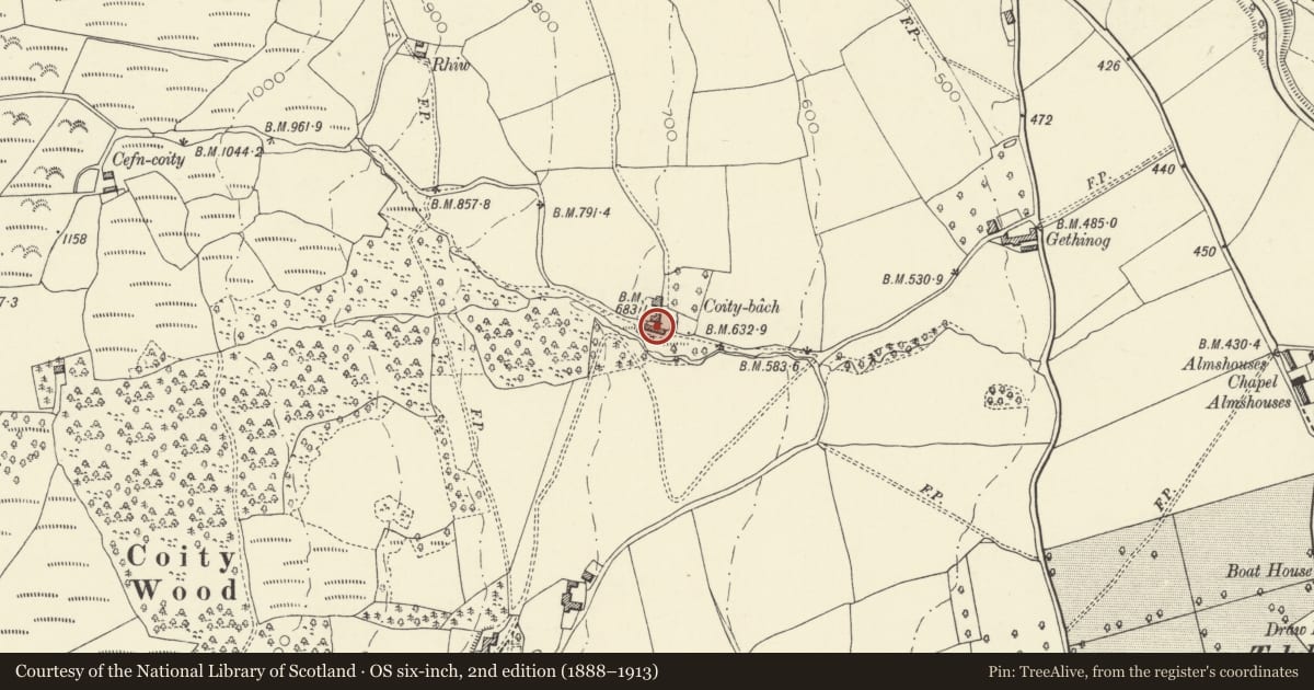 Ordnance Survey six-inch map, 2nd edition (1888–1913) covering the location of Former house and attached barn at Coity Bach, Talybont-on-Usk, Powys, with a pin at the register's coordinates
