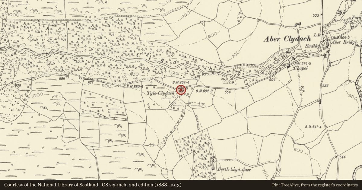 Ordnance Survey six-inch map, 2nd edition (1888–1913) covering the location of Tyle Clydach, Talybont-on-Usk, Powys, with a pin at the register's coordinates