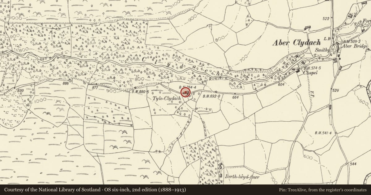 Ordnance Survey six-inch map, 2nd edition (1888–1913) covering the location of Barn range at Tyle Clydach, Talybont-on-Usk, Powys, with a pin at the register's coordinates