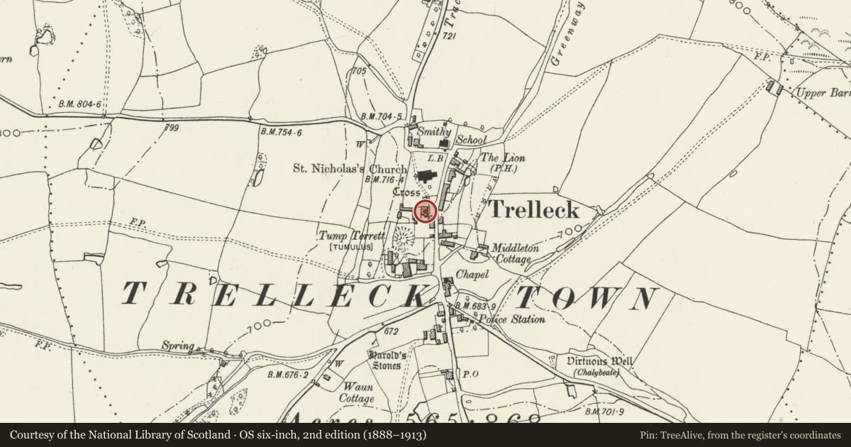 Ordnance Survey six-inch map, 2nd edition (1888–1913) covering the location of The Village Green Inn and Restaurant, Trellech United, Monmouthshire, with a pin at the register's coordinates