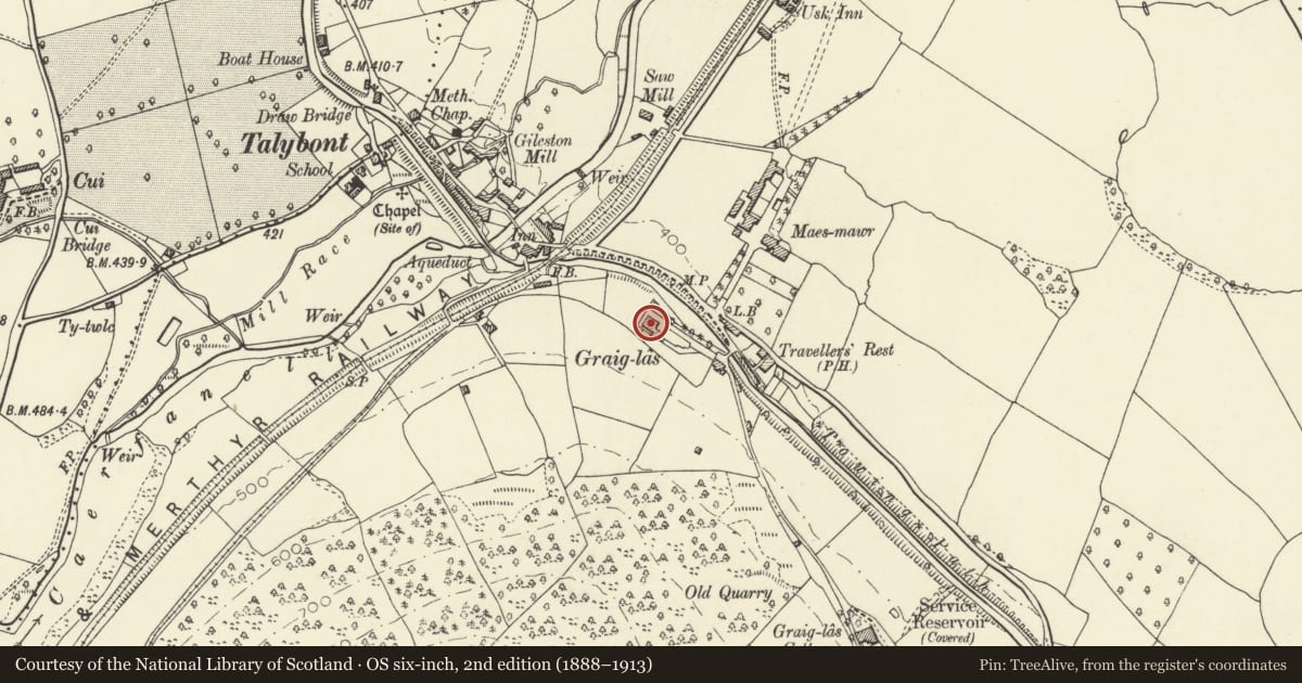 Ordnance Survey six-inch map, 2nd edition (1888–1913) covering the location of Brynhyfryd, Talybont-on-Usk, Powys, with a pin at the register's coordinates