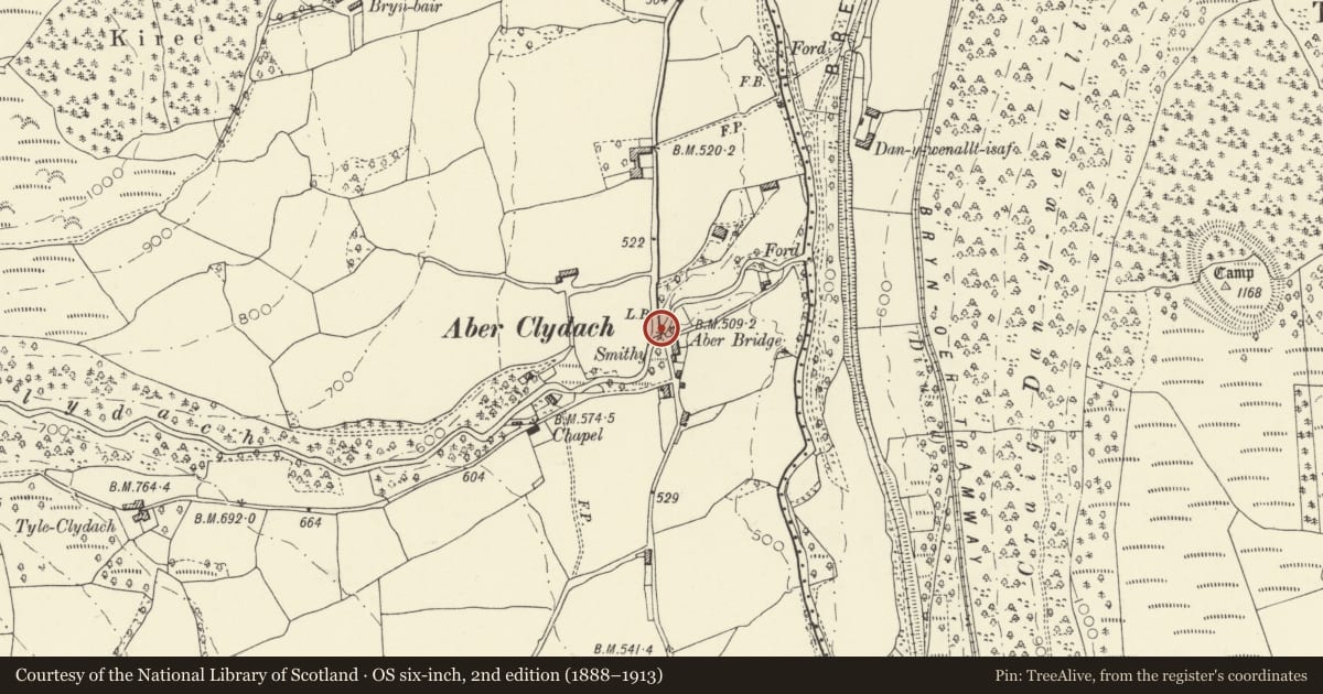 Ordnance Survey six-inch map, 2nd edition (1888–1913) covering the location of Aber Bridge, Talybont-on-Usk, Powys, with a pin at the register's coordinates