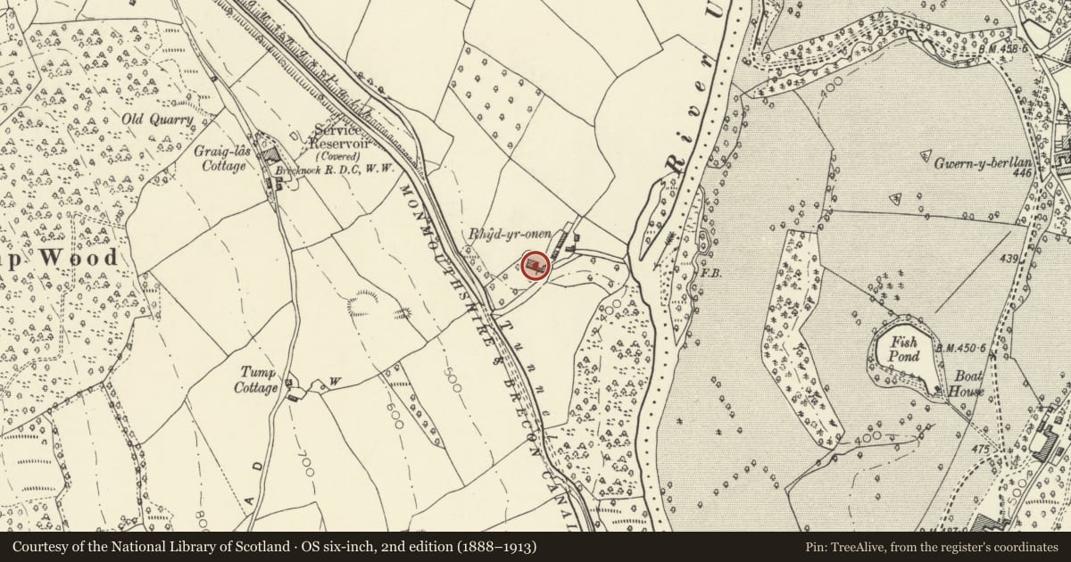 Ordnance Survey six-inch map, 2nd edition (1888–1913) covering the location of Ashford, Talybont-on-Usk, Powys, with a pin at the register's coordinates
