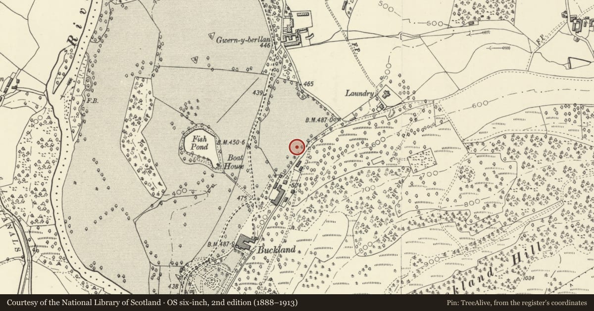 Ordnance Survey six-inch map, 2nd edition (1888–1913) covering the location of The Tennis Pavilion, Talybont-on-Usk, Powys, with a pin at the register's coordinates