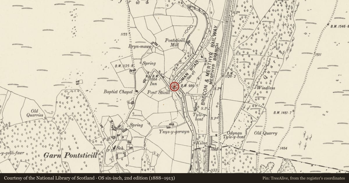 Ordnance Survey six-inch map, 2nd edition (1888–1913) covering the location of Pont Sticill (also known as Pontsticill Bridge), Vaynor, Merthyr Tydfil, with a pin at the register's coordinates
