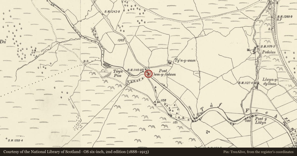 Ordnance Survey six-inch map, 2nd edition (1888–1913) covering the location of Pont Cwmyfedwen, Talybont-on-Usk, Powys, with a pin at the register's coordinates