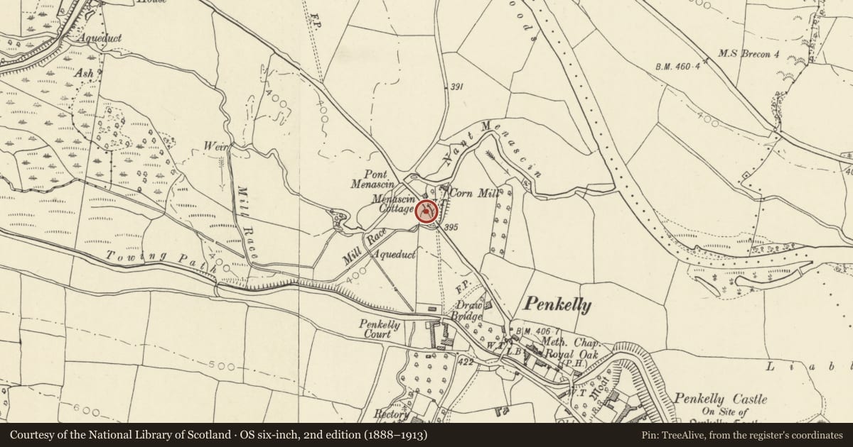 Ordnance Survey six-inch map, 2nd edition (1888–1913) covering the location of Menascin House, Talybont-on-Usk, Powys, with a pin at the register's coordinates