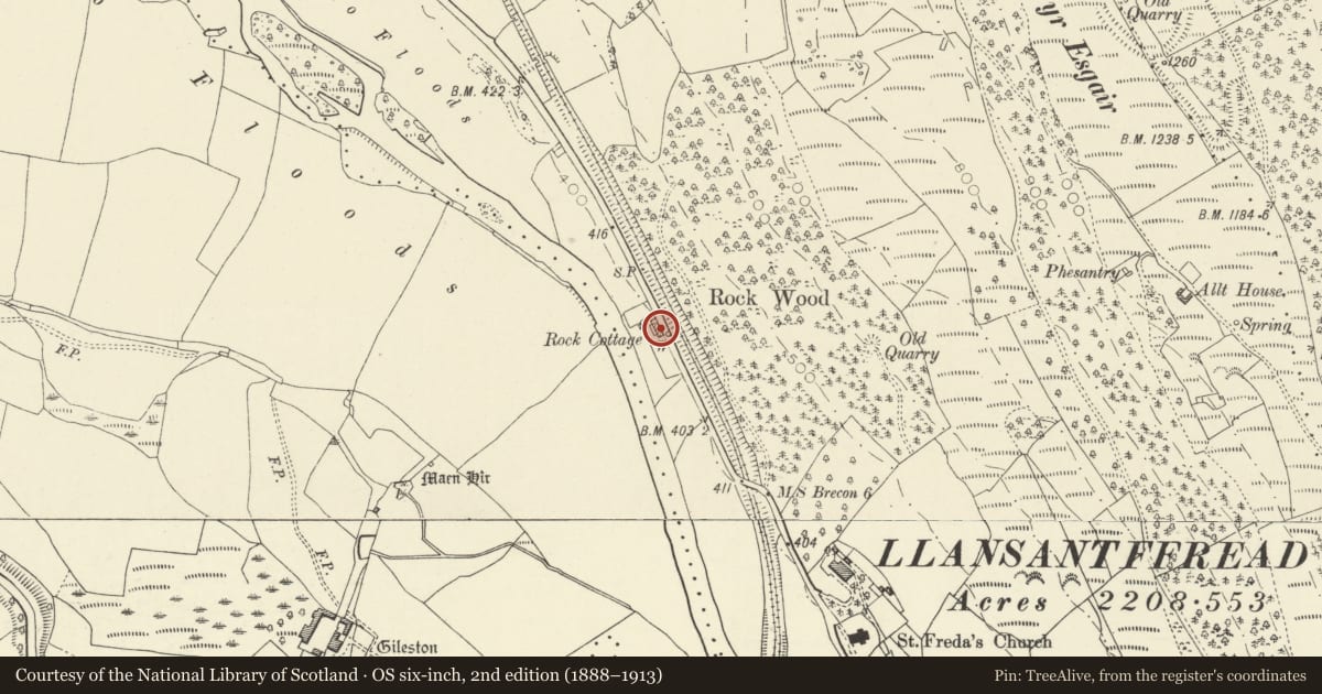 Ordnance Survey six-inch map, 2nd edition (1888–1913) covering the location of The Old Rectory, Talybont-on-Usk, Powys, with a pin at the register's coordinates