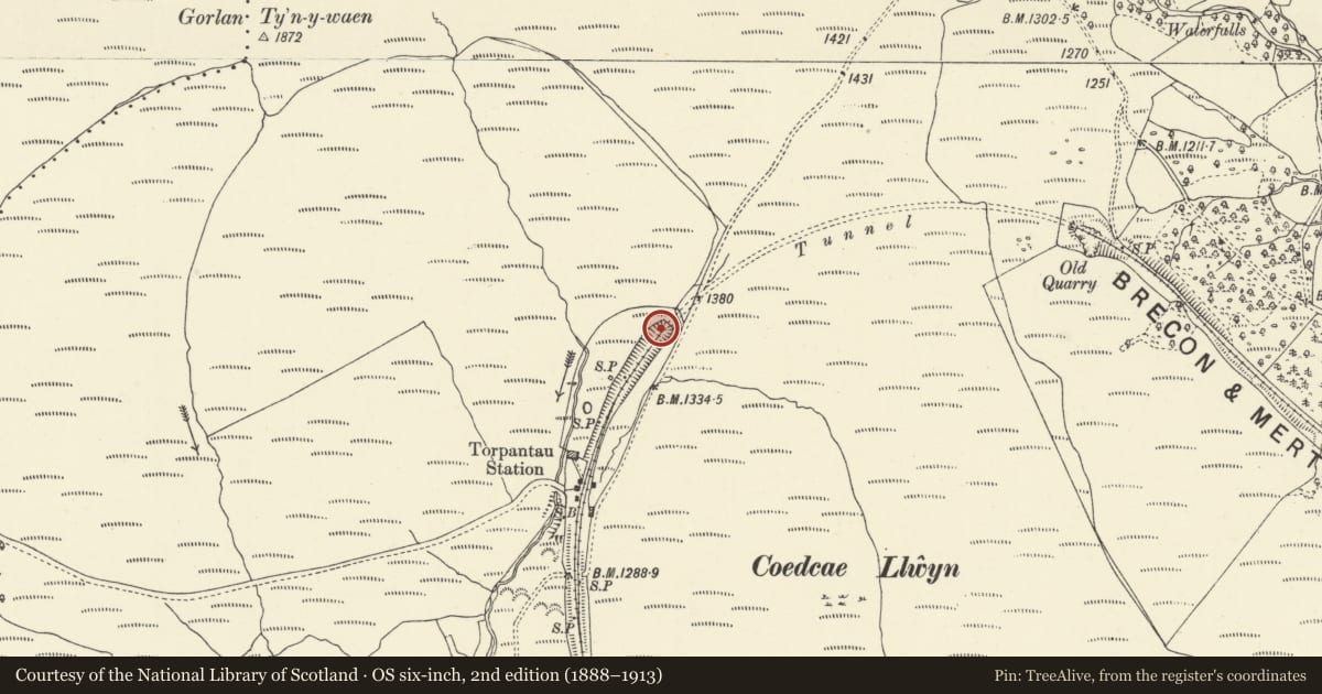 Ordnance Survey six-inch map, 2nd edition (1888–1913) covering the location of Torpantau tunnel - W portal, Talybont-on-Usk, Powys, with a pin at the register's coordinates