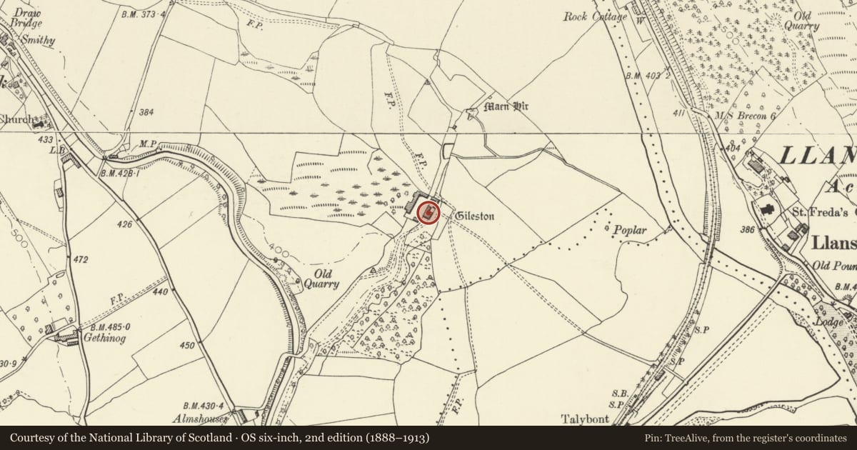 Ordnance Survey six-inch map, 2nd edition (1888–1913) covering the location of Gilestone, Talybont-on-Usk, Powys, with a pin at the register's coordinates