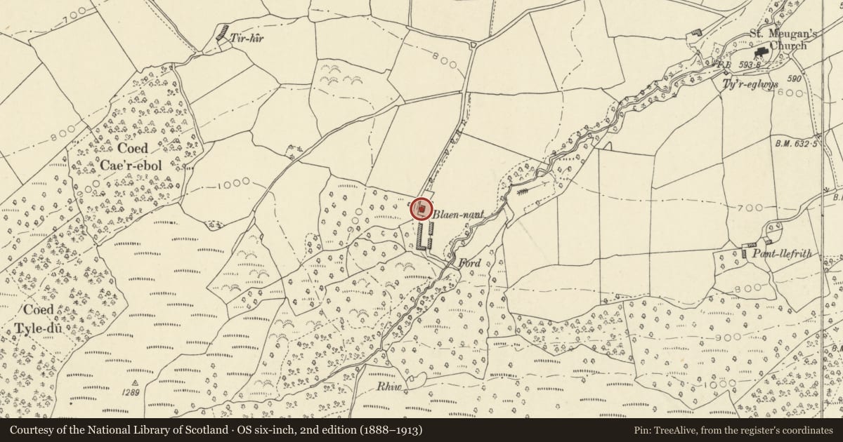 Ordnance Survey six-inch map, 2nd edition (1888–1913) covering the location of Blaenant farmhouse, Talybont-on-Usk, Powys, with a pin at the register's coordinates