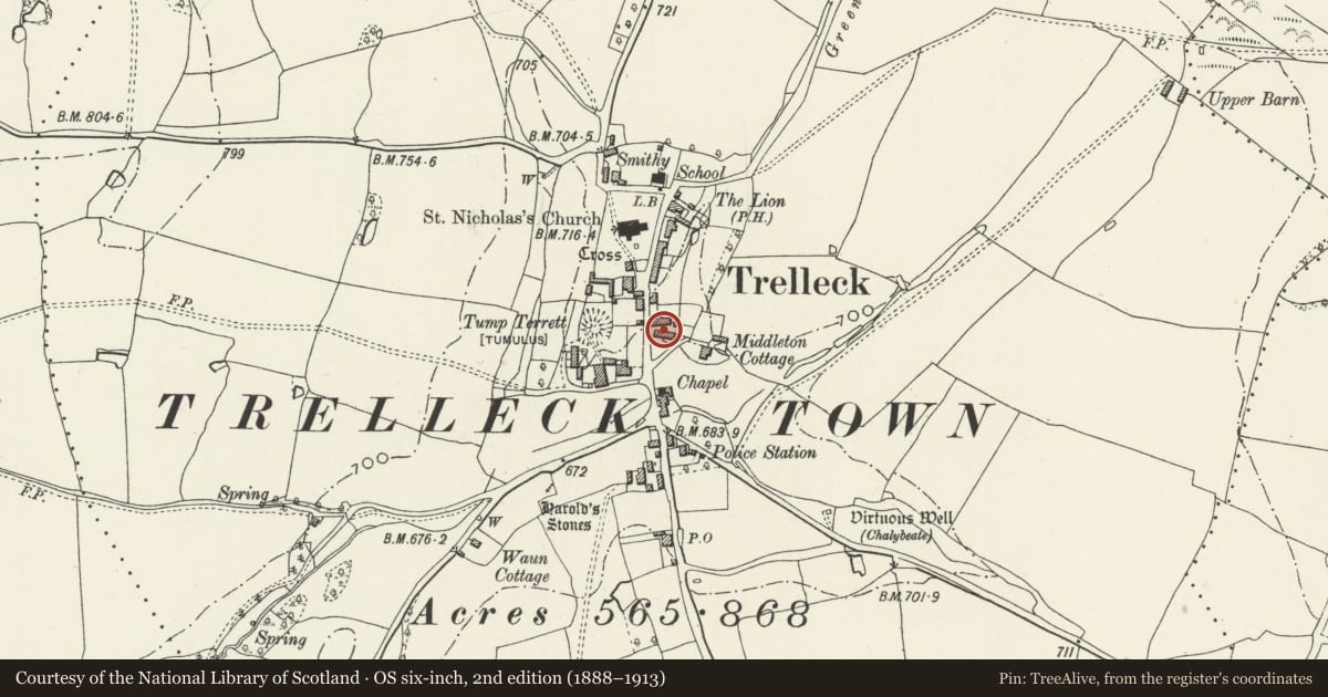 Ordnance Survey six-inch map, 2nd edition (1888–1913) covering the location of Holly Tree Cottage, Trellech United, Monmouthshire, with a pin at the register's coordinates