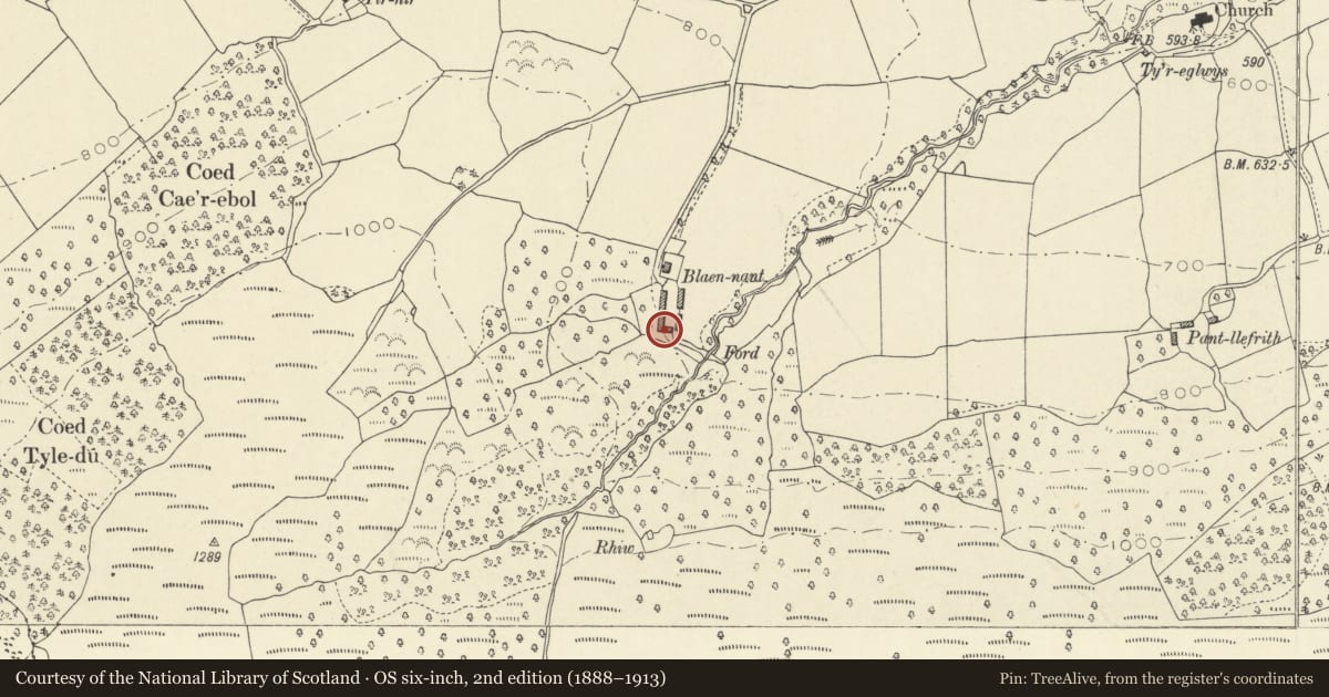 Ordnance Survey six-inch map, 2nd edition (1888–1913) covering the location of Barn at Blaenant, Talybont-on-Usk, Powys, with a pin at the register's coordinates