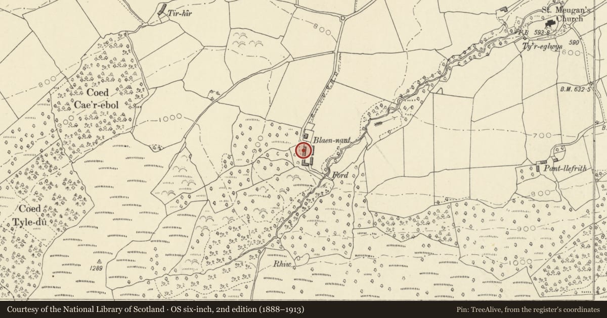 Ordnance Survey six-inch map, 2nd edition (1888–1913) covering the location of Byre at Blaenant, Talybont-on-Usk, Powys, with a pin at the register's coordinates
