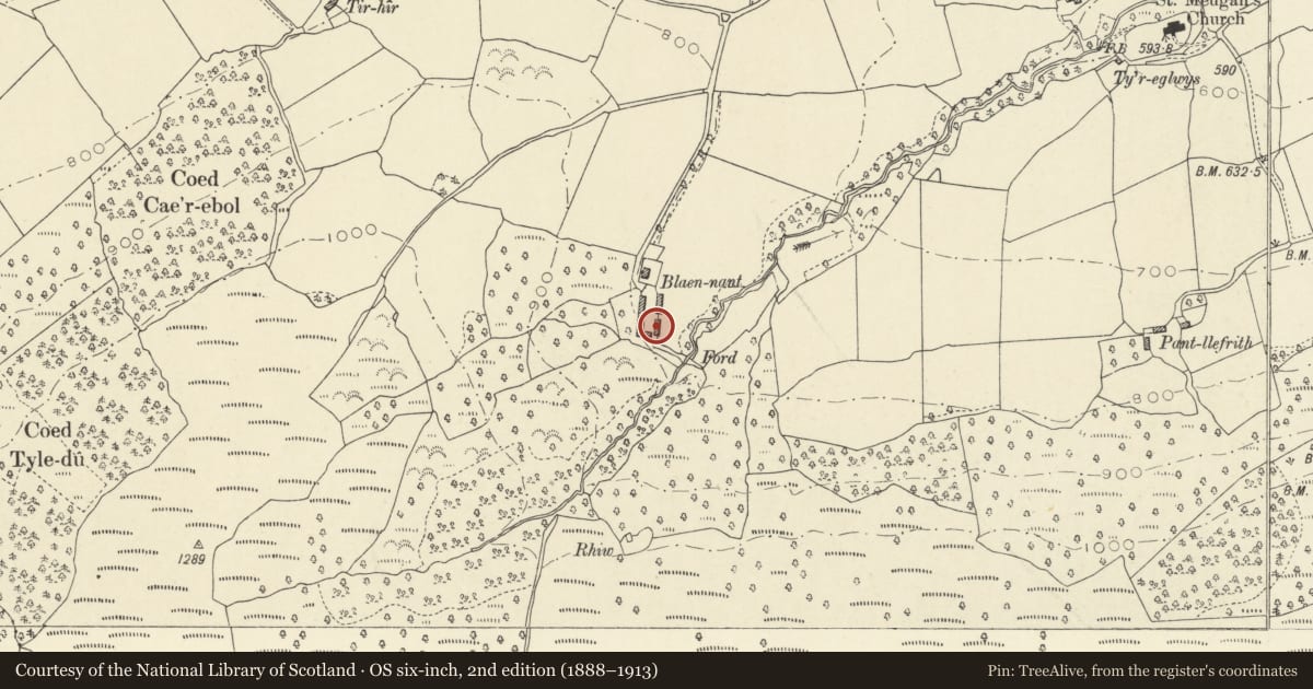 Ordnance Survey six-inch map, 2nd edition (1888–1913) covering the location of Cartshed at Blaenant, Talybont-on-Usk, Powys, with a pin at the register's coordinates