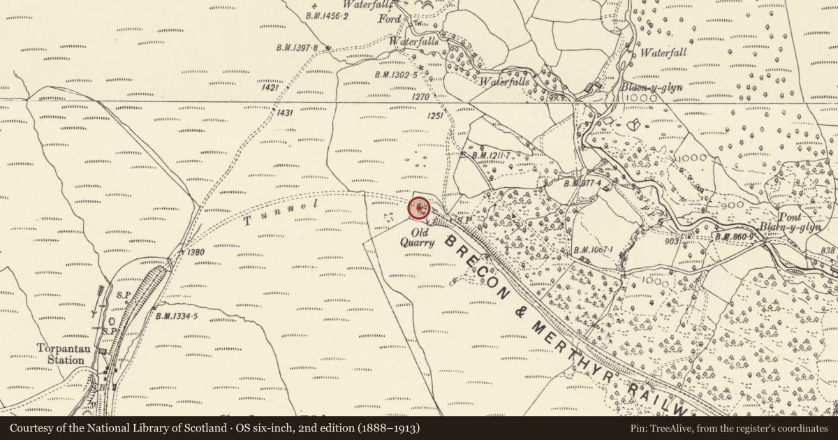 Ordnance Survey six-inch map, 2nd edition (1888–1913) covering the location of Torpantau tunnel - E portal, Talybont-on-Usk, Powys, with a pin at the register's coordinates
