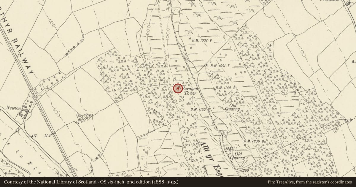 Ordnance Survey six-inch map, 2nd edition (1888–1913) covering the location of Paragon Tower, Talybont-on-Usk, Powys, with a pin at the register's coordinates