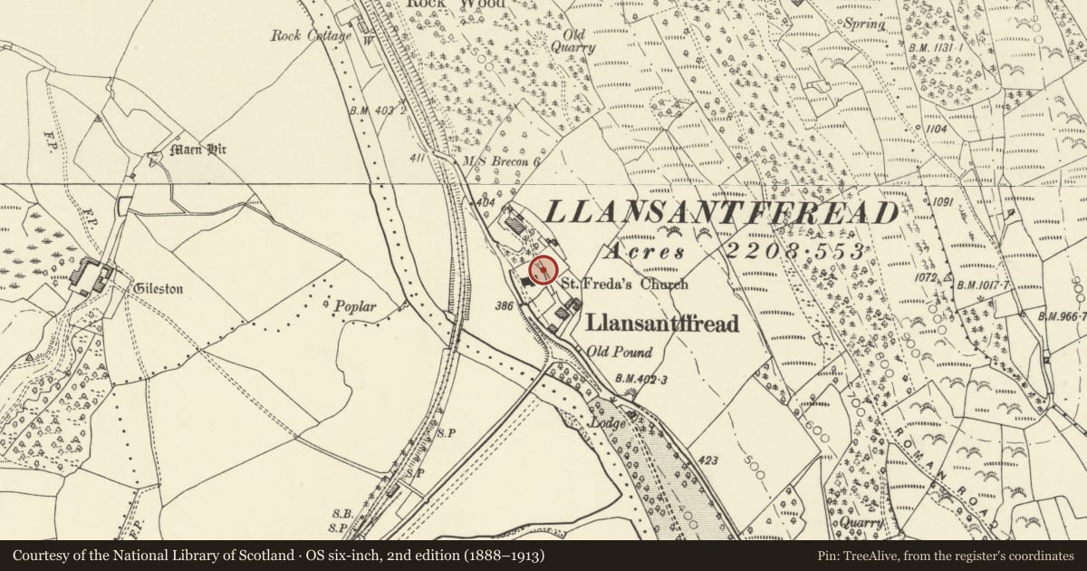 Ordnance Survey six-inch map, 2nd edition (1888–1913) covering the location of Tomb to Henry Vaughan to E of Church of St Ffraed, Talybont-on-Usk, Powys, with a pin at the register's coordinates