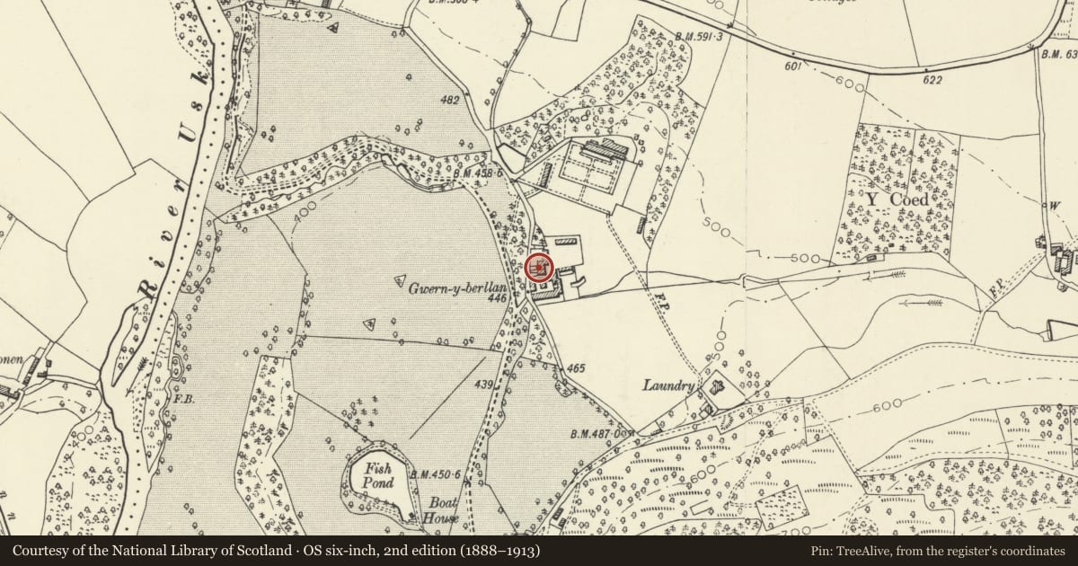Ordnance Survey six-inch map, 2nd edition (1888–1913) covering the location of Buckland Farmhouse, Talybont-on-Usk, Powys, with a pin at the register's coordinates