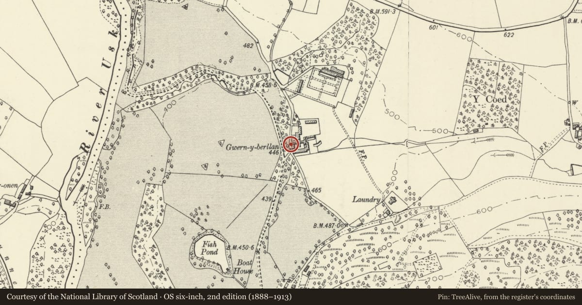 Ordnance Survey six-inch map, 2nd edition (1888–1913) covering the location of Wagon house and attached stable at Buckland Farm, Talybont-on-Usk, Powys, with a pin at the register's coordinates