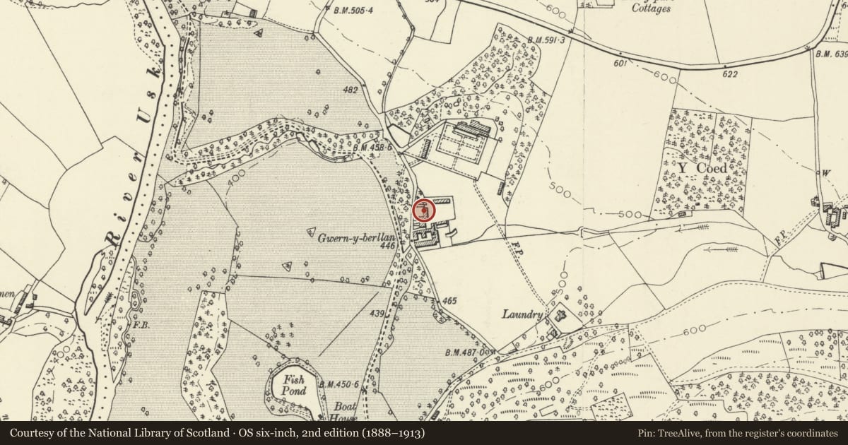 Ordnance Survey six-inch map, 2nd edition (1888–1913) covering the location of Cartshed and workshop at Buckland Farm, Talybont-on-Usk, Powys, with a pin at the register's coordinates