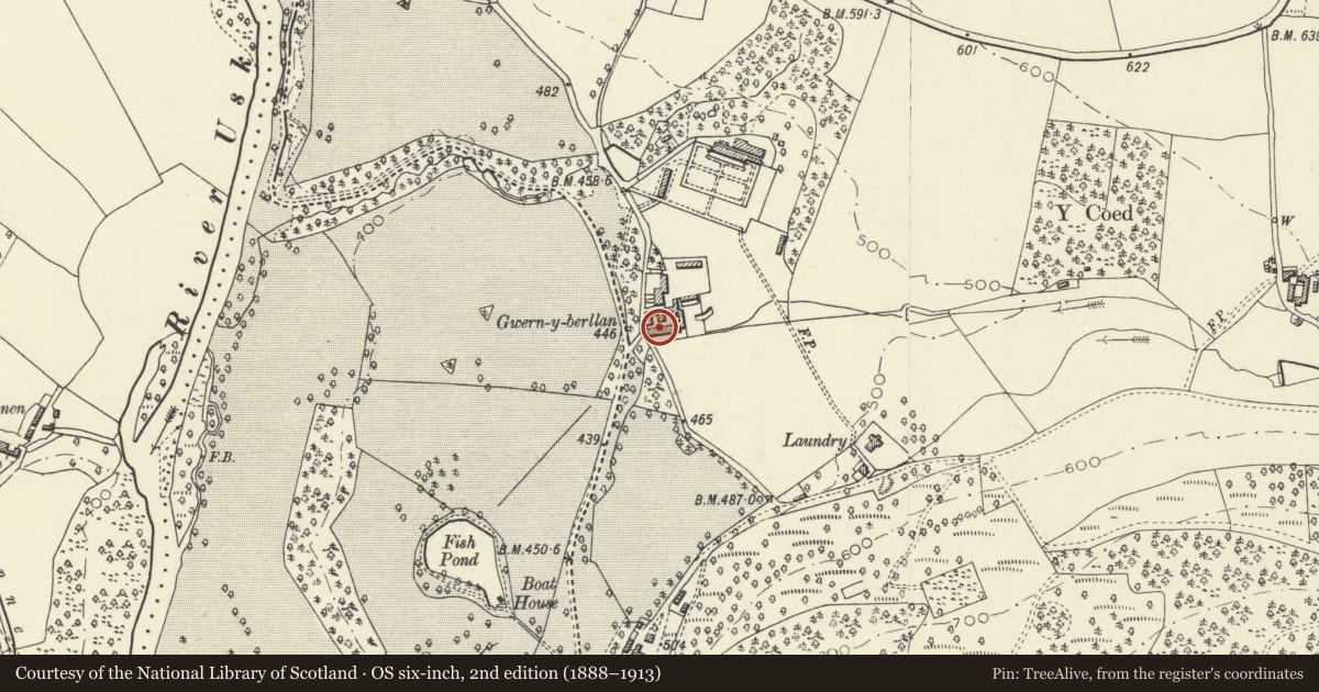Ordnance Survey six-inch map, 2nd edition (1888–1913) covering the location of Byre range and dairy at Buckland Farm, Talybont-on-Usk, Powys, with a pin at the register's coordinates