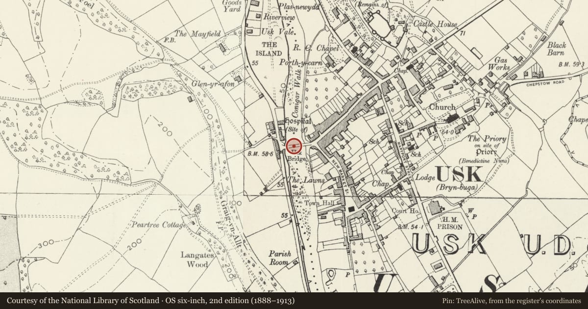 Ordnance Survey six-inch map, 2nd edition (1888–1913) covering the location of Usk Bridge (partly in Usk Community), Llanbadoc, Monmouthshire, with a pin at the register's coordinates