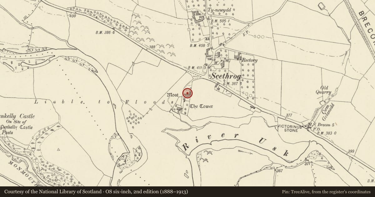 Ordnance Survey six-inch map, 2nd edition (1888–1913) covering the location of Barn to N of The Tower, Talybont-on-Usk, Powys, with a pin at the register's coordinates