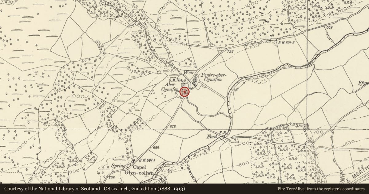 Ordnance Survey six-inch map, 2nd edition (1888–1913) covering the location of Barn at Abercynafon, Talybont-on-Usk, Powys, with a pin at the register's coordinates