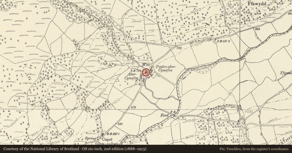Ordnance Survey six-inch map, 2nd edition (1888–1913) covering the location of Bridge at Abercynafon, Talybont-on-Usk, Powys, with a pin at the register's coordinates