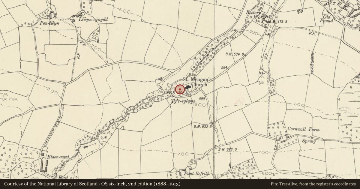 Ordnance Survey six-inch map, 2nd edition (1888–1913) covering the location of Group of 3 chest tombs W of church of St Meugan, Talybont-on-Usk, Powys, with a pin at the register's coordinates