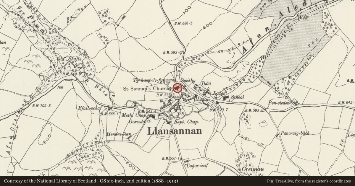 Ordnance Survey six-inch map, 2nd edition (1888–1913) covering the location of Church of St Sannan, Llansannan, Conwy, with a pin at the register's coordinates