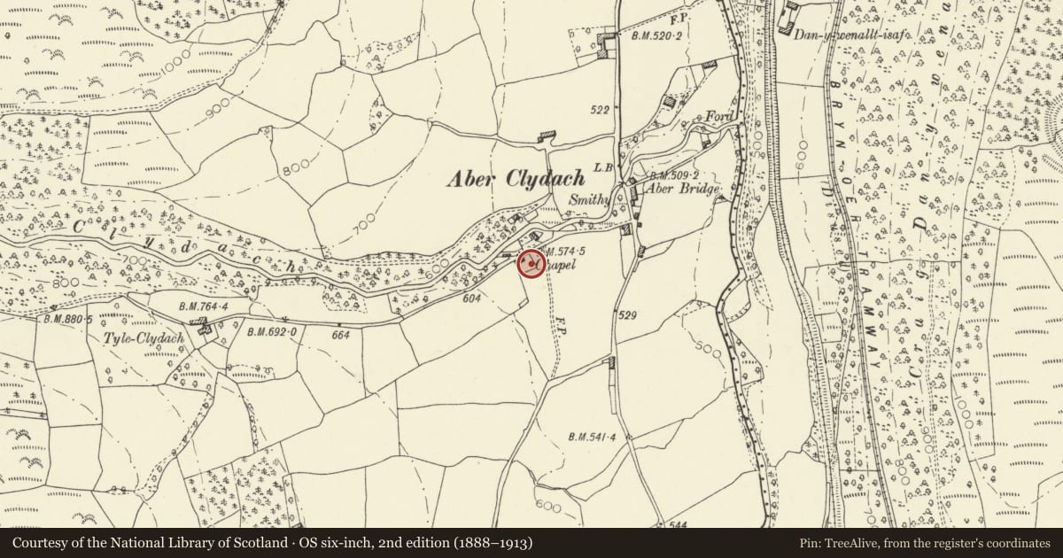 Ordnance Survey six-inch map, 2nd edition (1888–1913) covering the location of Group of 7 chest tombs in Aberclydach chapel cemetery, Talybont-on-Usk, Powys, with a pin at the register's coordinates