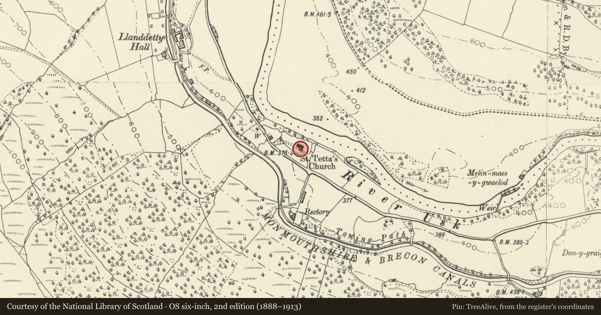 Ordnance Survey six-inch map, 2nd edition (1888–1913) covering the location of Obelisk monument S of St Tetta's church, Talybont-on-Usk, Powys, with a pin at the register's coordinates
