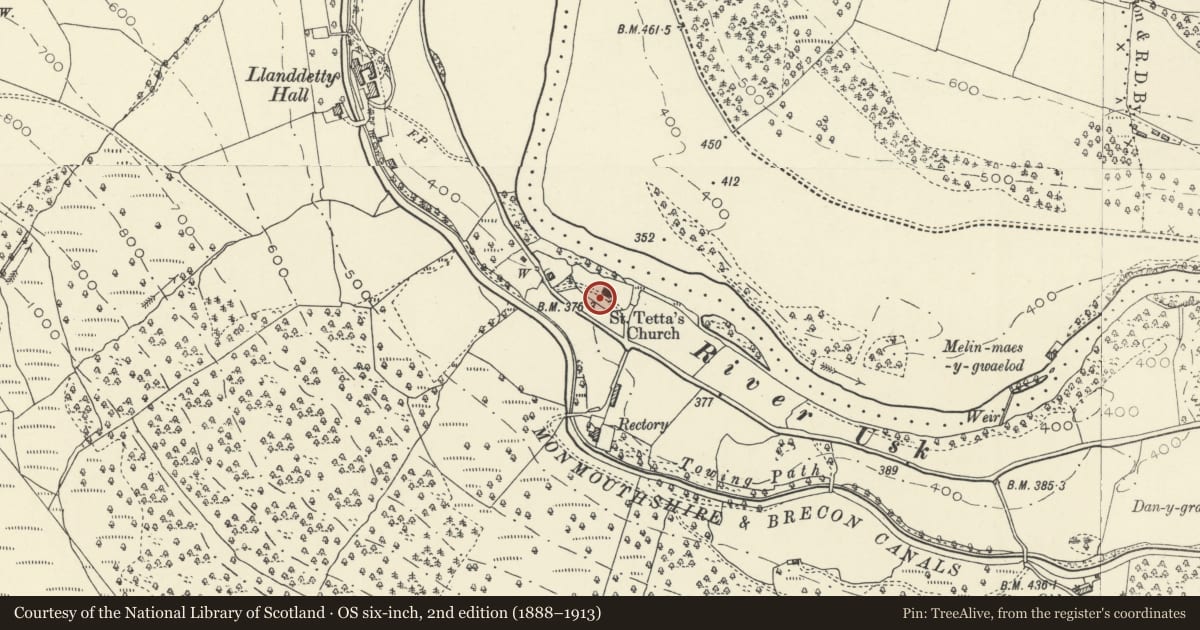 Ordnance Survey six-inch map, 2nd edition (1888–1913) covering the location of Group of 5 chest tombs S of St Tetta's church, Talybont-on-Usk, Powys, with a pin at the register's coordinates