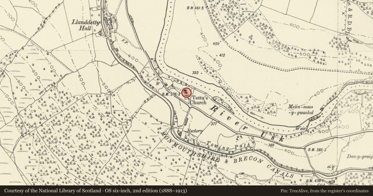 Ordnance Survey six-inch map, 2nd edition (1888–1913) covering the location of Group of 3 chest tombs E of St Tetta's church, Talybont-on-Usk, Powys, with a pin at the register's coordinates