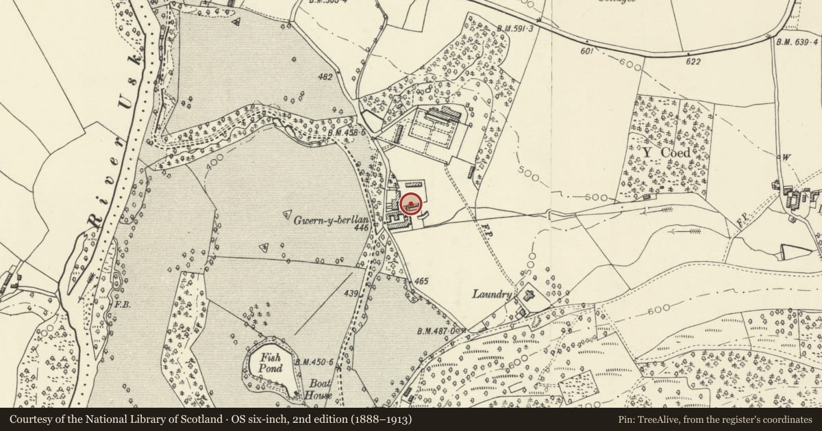 Ordnance Survey six-inch map, 2nd edition (1888–1913) covering the location of Pigsty at Buckland Farm, Talybont-on-Usk, Powys, with a pin at the register's coordinates