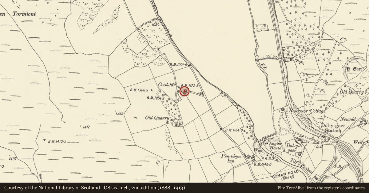 Ordnance Survey six-inch map, 2nd edition (1888–1913) covering the location of Barn and byre range at Coed Hir, Talybont-on-Usk, Powys, with a pin at the register's coordinates