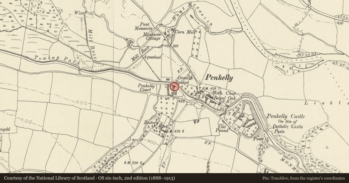 Ordnance Survey six-inch map, 2nd edition (1888–1913) covering the location of Granary and attached shed at Pencelli Court, Talybont-on-Usk, Powys, with a pin at the register's coordinates