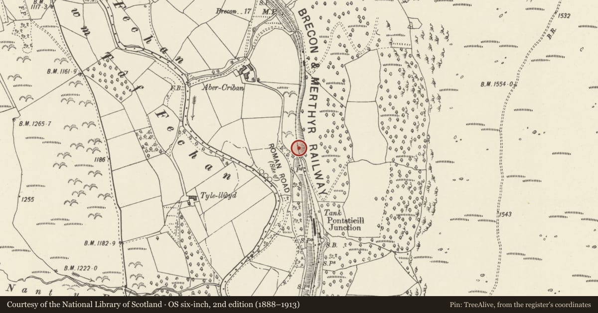 Ordnance Survey six-inch map, 2nd edition (1888–1913) covering the location of Brecon and Merthyr Railway bridge beside Ponsticill Reservoir, Vaynor, Merthyr Tydfil, with a pin at the register's coordinates