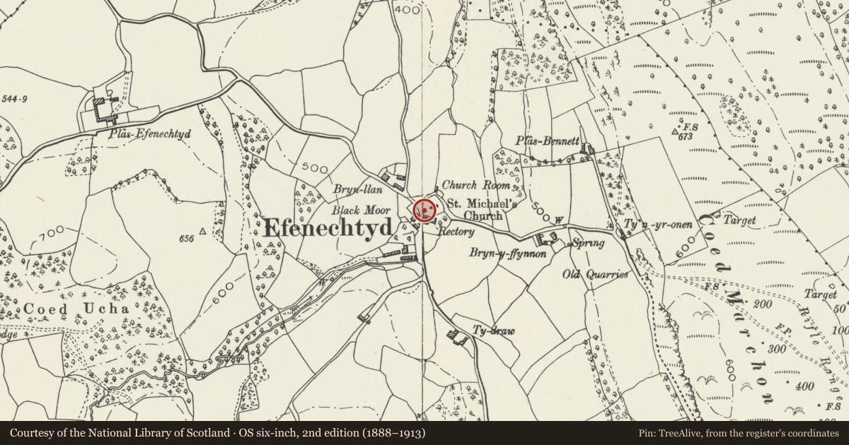 Ordnance Survey six-inch map, 2nd edition (1888–1913) covering the location of Lychgate at the Parish Church of St Michael and All Angels, Efenechtyd, Denbighshire, with a pin at the register's coordinates