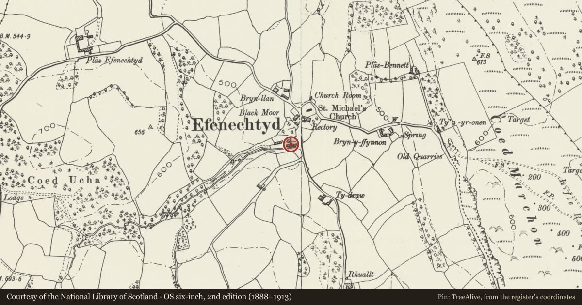 Ordnance Survey six-inch map, 2nd edition (1888–1913) covering the location of Primary House at Plas-yn-Llan, Efenechtyd, Denbighshire, with a pin at the register's coordinates