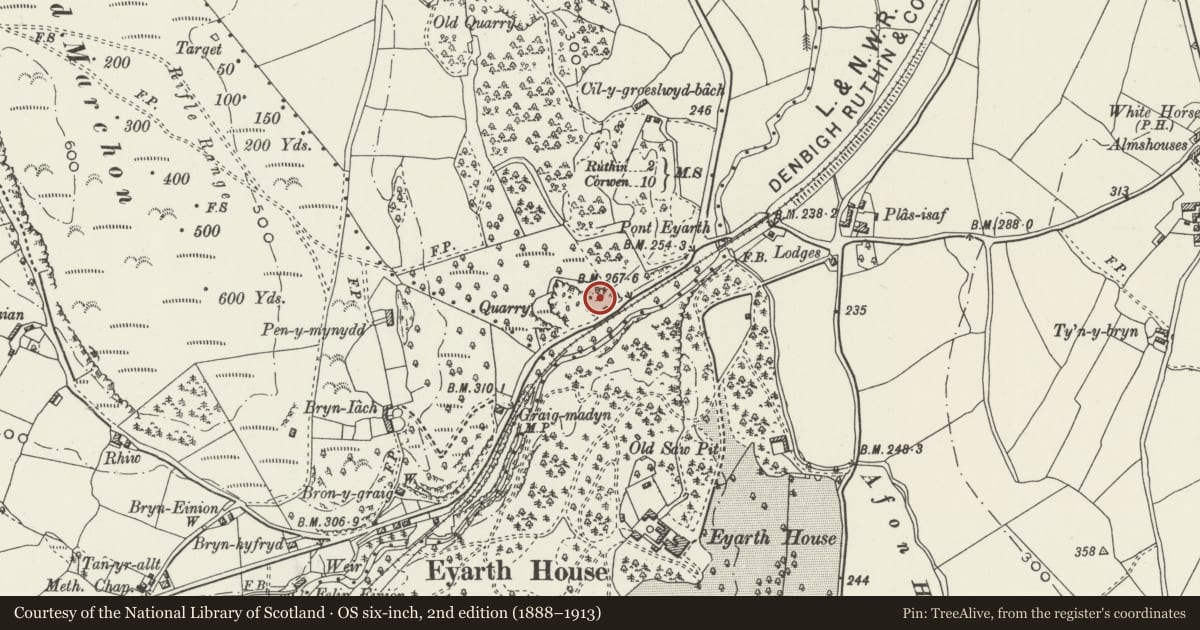 Ordnance Survey six-inch map, 2nd edition (1888–1913) covering the location of Limekiln, Efenechtyd, Denbighshire, with a pin at the register's coordinates