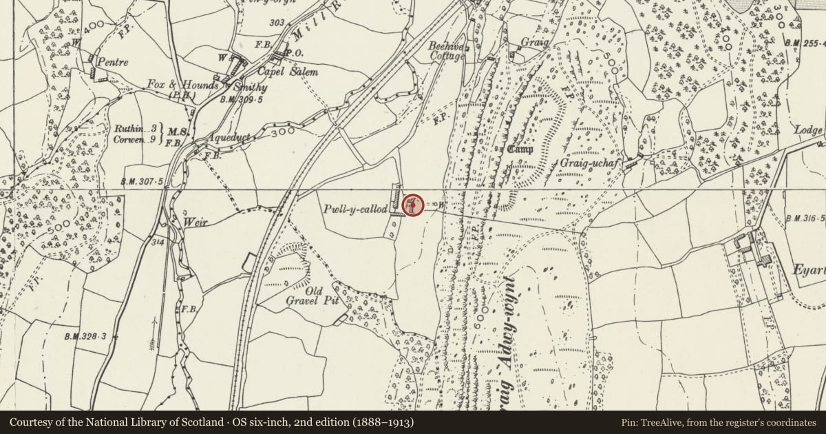 Ordnance Survey six-inch map, 2nd edition (1888–1913) covering the location of Primary House at Pwll Callod, Efenechtyd, Denbighshire, with a pin at the register's coordinates